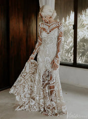 Long Sleeve Nude Boho Wedding Dresses Sheath Lace Bohemian Bridal Gown RDS001