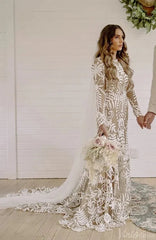Long Sleeve Nude Boho Wedding Dresses Sheath Lace Bohemian Bridal Gown RDS001
