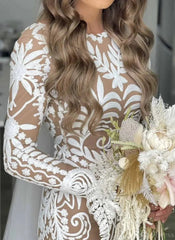 Long Sleeve Nude Boho Wedding Dresses Sheath Lace Bohemian Bridal Gown RDS001