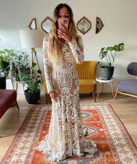 Long Sleeve Nude Boho Wedding Dresses Sheath Lace Bohemian Bridal Gown RDS001
