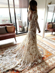 Long Sleeve Nude Boho Wedding Dresses Sheath Lace Bohemian Bridal Gown RDS001