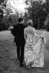 Long Sleeve Nude Boho Wedding Dresses Sheath Lace Bohemian Bridal Gown RDS001