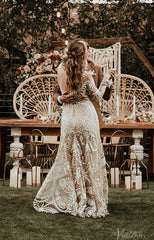Long Sleeve Nude Boho Wedding Dresses Sheath Lace Bohemian Bridal Gown RDS001