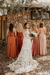 Long Sleeve Nude Boho Wedding Dresses Sheath Lace Bohemian Bridal Gown RDS001