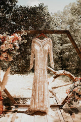 Long Sleeve Nude Boho Wedding Dresses Sheath Lace Bohemian Bridal Gown RDS001