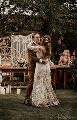 Long Sleeve Nude Boho Wedding Dresses Sheath Lace Bohemian Bridal Gown RDS001