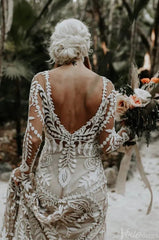 Long Sleeve Nude Boho Wedding Dresses Sheath Lace Bohemian Bridal Gown RDS001
