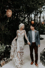 Long Sleeve Nude Boho Wedding Dresses Sheath Lace Bohemian Bridal Gown RDS001