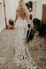 Long Sleeve Nude Boho Wedding Dresses Sheath Lace Bohemian Bridal Gown RDS001