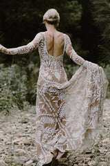 Long Sleeve Nude Boho Wedding Dresses Sheath Lace Bohemian Bridal Gown RDS001