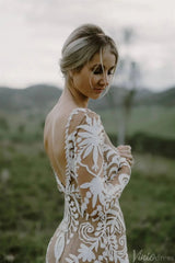 Long Sleeve Nude Boho Wedding Dresses Sheath Lace Bohemian Bridal Gown RDS001