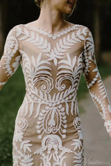 Long Sleeve Nude Boho Wedding Dresses Sheath Lace Bohemian Bridal Gown RDS001
