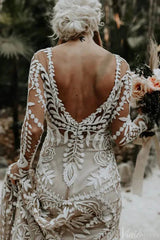 Long Sleeve Nude Boho Wedding Dresses Sheath Lace Bohemian Bridal Gown RDS001