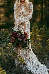 Long Sleeve Nude Boho Wedding Dresses Sheath Lace Bohemian Bridal Gown RDS001