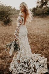 Long Sleeve Nude Boho Wedding Dresses Sheath Lace Bohemian Bridal Gown RDS001