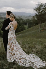 Long Sleeve Nude Boho Wedding Dresses Sheath Lace Bohemian Bridal Gown RDS001