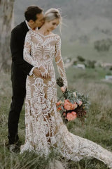 Long Sleeve Nude Boho Wedding Dresses Sheath Lace Bohemian Bridal Gown RDS001
