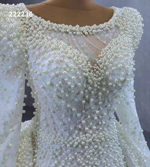 Long Sleeve Pearl Mermaid Wedding Dresses with Overskirt Train 222236