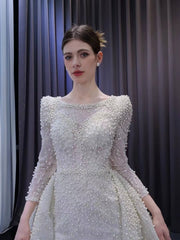 Long Sleeve Pearl Mermaid Wedding Dresses with Overskirt Train 222236