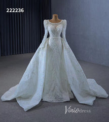 Long Sleeve Pearl Mermaid Wedding Dresses with Overskirt Train 222236
