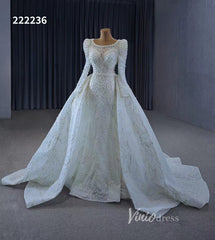 Long Sleeve Pearl Mermaid Wedding Dresses with Overskirt Train 222236