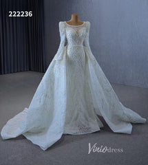 Long Sleeve Pearl Mermaid Wedding Dresses with Overskirt Train 222236