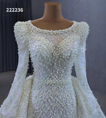 Long Sleeve Pearl Mermaid Wedding Dresses with Overskirt Train 222236