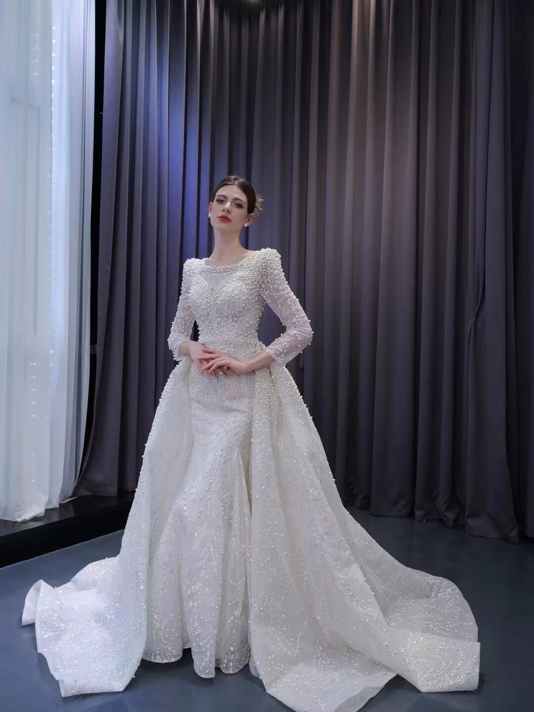 Long Sleeve Pearl Mermaid Wedding Dresses with Overskirt Train 222236