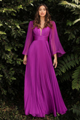 Cinderella Divine CD242 Long Sleeve Pleated Formal Prom Dress