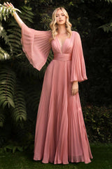 Cinderella Divine CD242 Long Sleeve Pleated Formal Prom Dress
