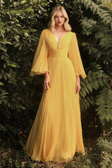 Cinderella Divine CD242 Long Sleeve Pleated Formal Prom Dress