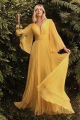 Cinderella Divine CD242 Long Sleeve Pleated Formal Prom Dress