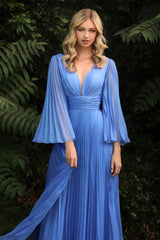Cinderella Divine CD242 Long Sleeve Pleated Formal Prom Dress