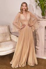 Cinderella Divine CD242 Long Sleeve Pleated Formal Prom Dress