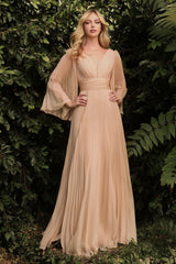 Cinderella Divine CD242 Long Sleeve Pleated Formal Prom Dress