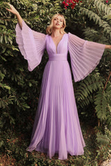 Cinderella Divine CD242 Long Sleeve Pleated Formal Prom Dress