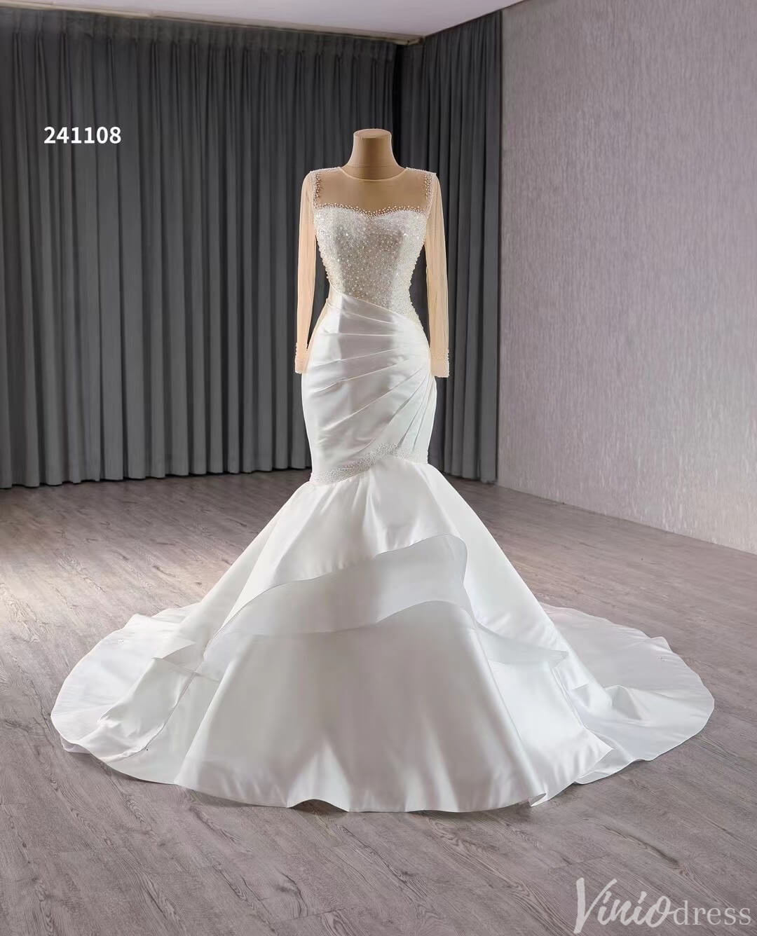 Long Sleeve Satin Mermaid Wedding Dresses Corset Back 241108