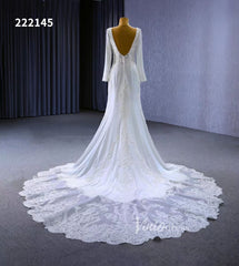 Long Sleeve Satin Modern Wedding Dresses Lace Train 222145