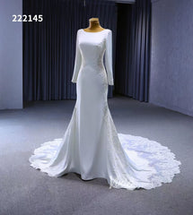Long Sleeve Satin Modern Wedding Dresses Lace Train 222145