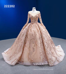 Long Sleeve Sequin Ball Gowns Rose Gold Wedding Dresses 222202