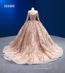 Long Sleeve Sequin Ball Gowns Rose Gold Wedding Dresses 222202