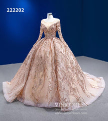 Long Sleeve Sequin Ball Gowns Rose Gold Wedding Dresses 222202
