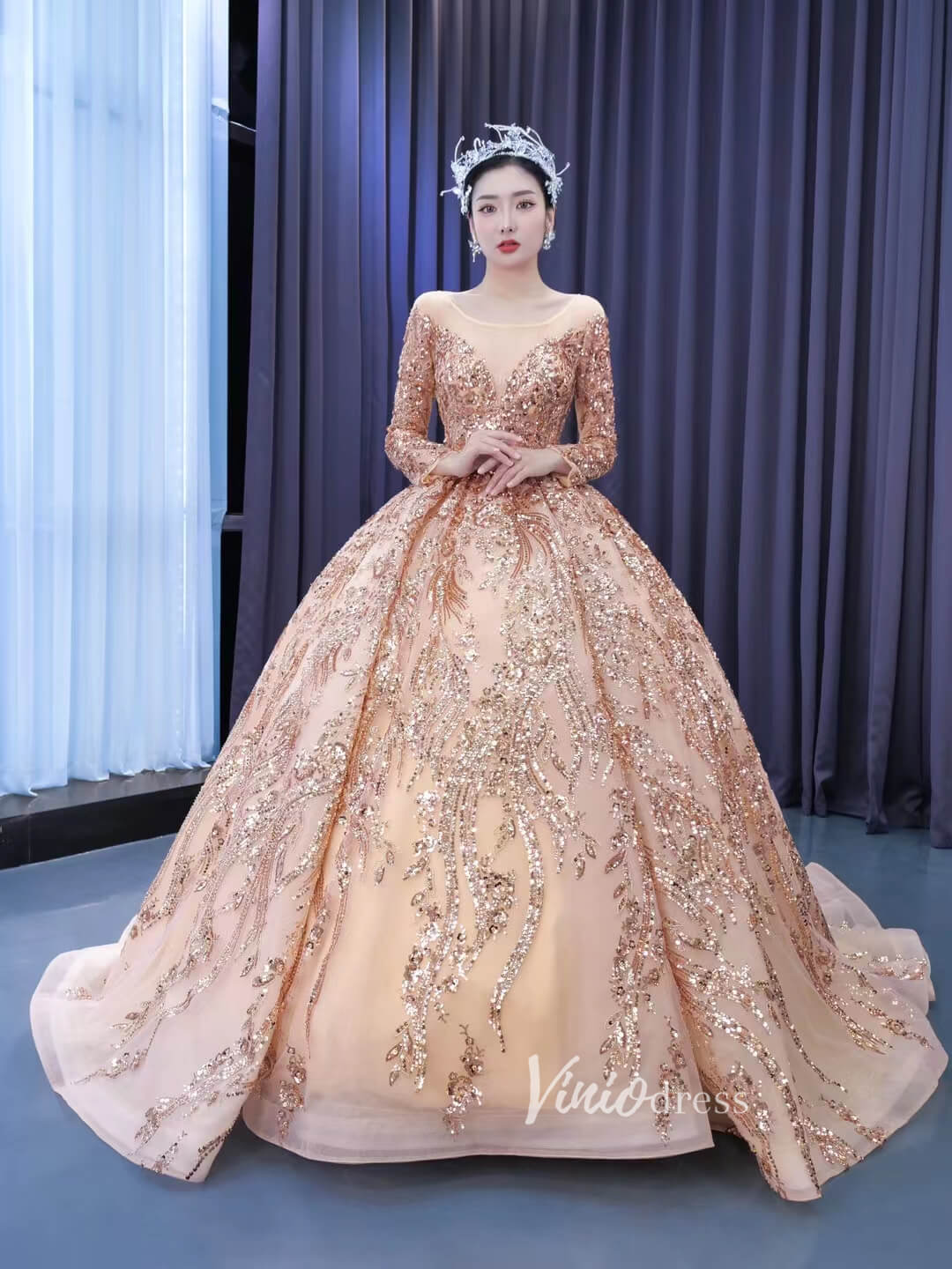Long Sleeve Sequin Ball Gowns Rose Gold Wedding Dresses 222202