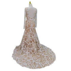 Long Sleeve Sheath Boho Wedding Dresses Nude Lace Bridal Gown RDS001B