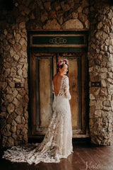 Long Sleeve Sheath Boho Wedding Dresses Nude Lace Bridal Gown RDS001B