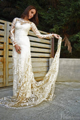 Long Sleeve Sheath Boho Wedding Dresses Nude Lace Bridal Gown RDS001B