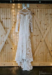 Long Sleeve Sheath Boho Wedding Dresses Nude Lace Bridal Gown RDS001B