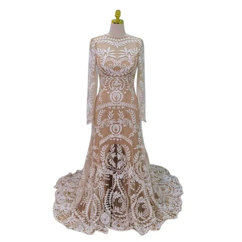 Long Sleeve Sheath Boho Wedding Dresses Nude Lace Bridal Gown RDS001B