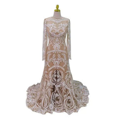 Long Sleeve Sheath Boho Wedding Dresses Nude Lace Bridal Gown RDS001B