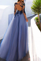 Long Sleeves Tulle Prom Dress Jewel Neck Navy Blue Aline Evening Dress
